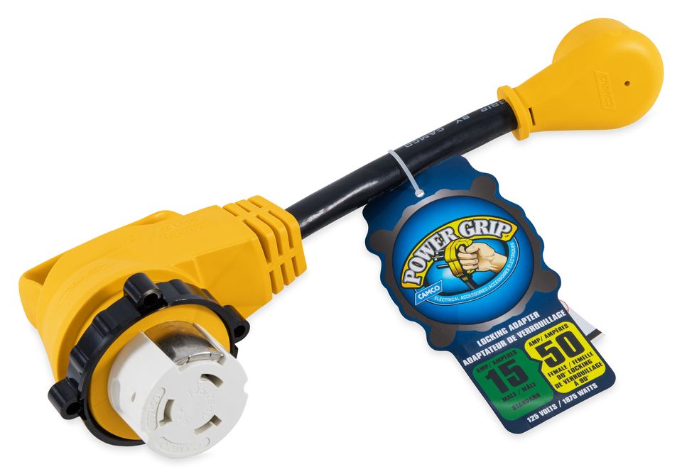 55638 - Power Grip 12" Dogbone RV Electrical Adapter – 15A Male/50A 90° Locking Female – Connects a 50-Amp RV/Boat to a 15-Amp Extension Cord – 125V/1875W – 10/3-Gauge Wires – Weatherproof