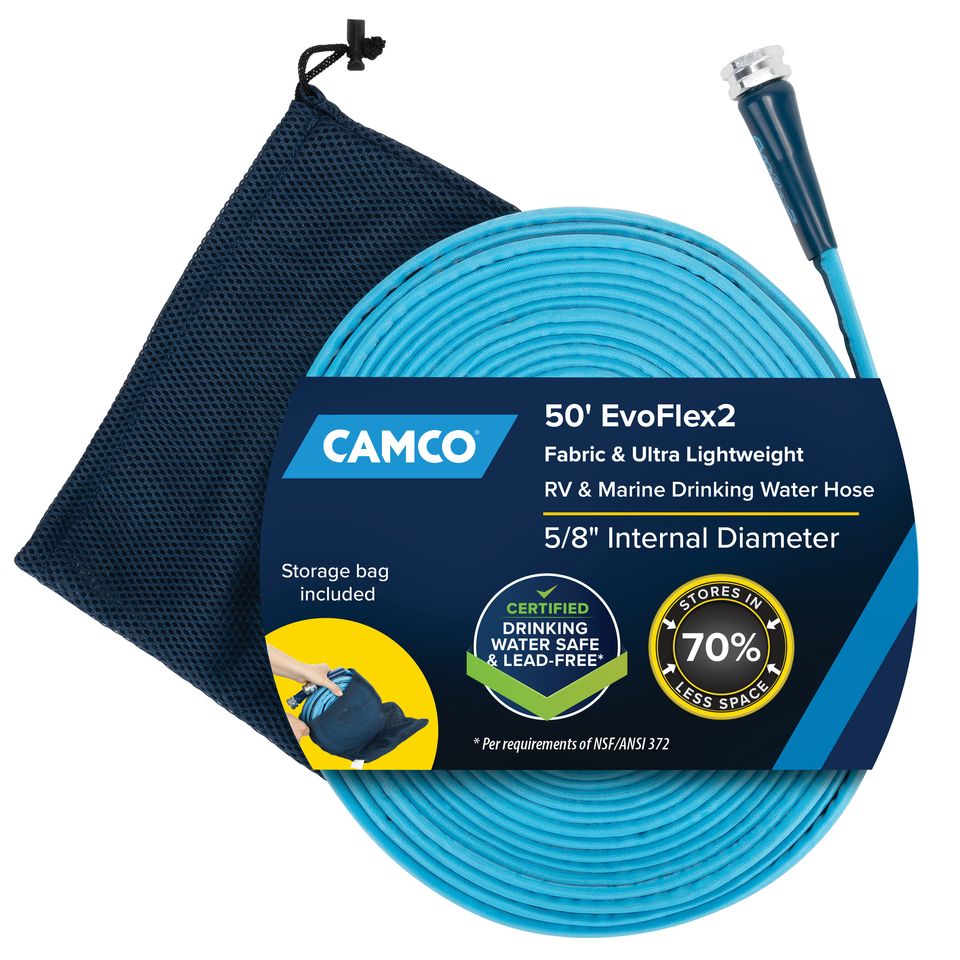 22579 - Camco EvoFlex2 50' Professional Elite Marine/RV Drinking Water Hose, For Drinking Water, Certified Lead-Free, Anti-Kink Design, Durable Fabric Exterior, UV Stabilized for Strength, 5/8" ID