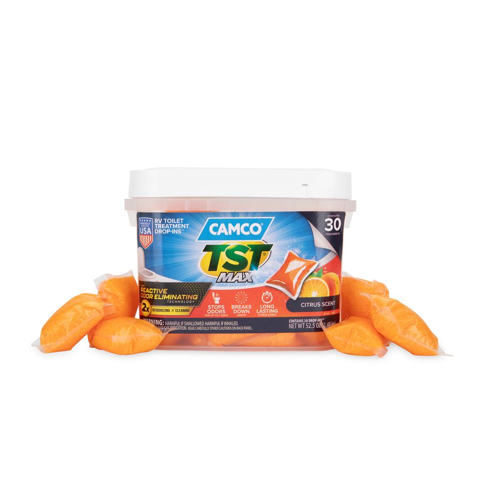 41183 - Camco TST MAX Marine/RV Toilet Treatment Drop-INs, Control Unwanted Odors & Break Down Waste and Tissue, Septic Tank Safe, Long-Lasting Citrus Scent, 30 per Bucket