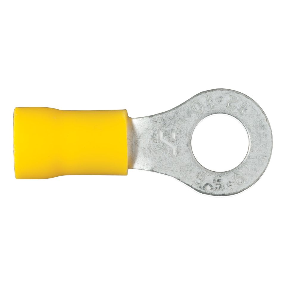 59534 - 12-10 Gauge Yellow Vinyl-Insulated Ring Terminal Wire Connectors, 1/4-Inch Stud, 100-Pack