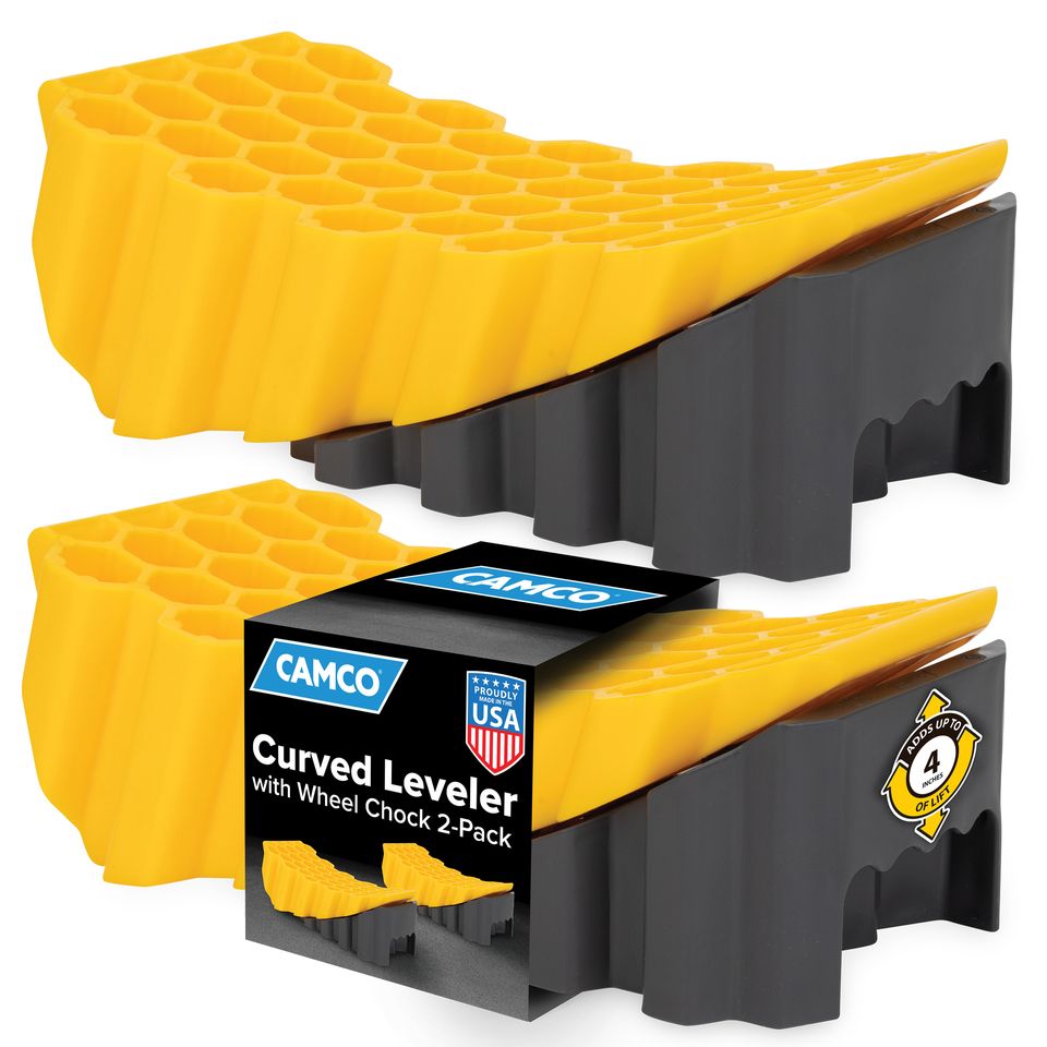 44425 - Curved Camper/RV Levelers & RV Wheel Chocks — Heavy-Duty Honeycomb Design — Includes Non-Slip Rubber Grippers on Wheel Chock — Compatible w/Trailers Up to 30,000 lb — 2-Pack
