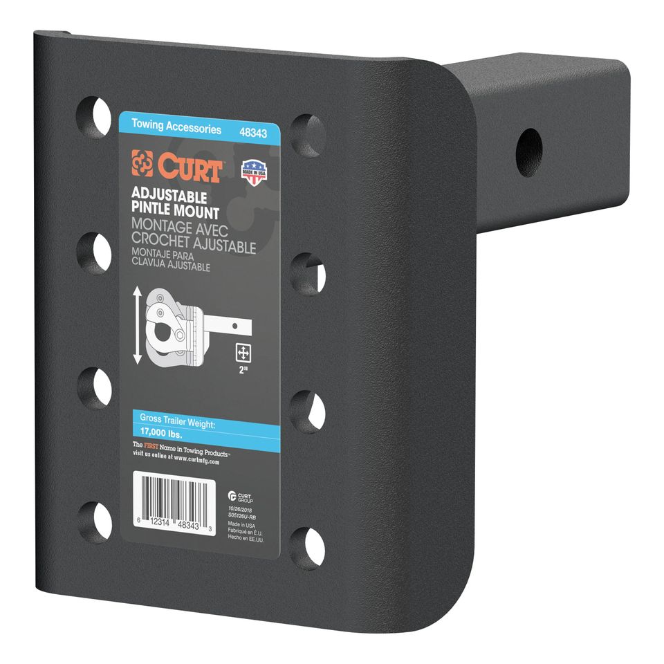48343 - Adjustable Pintle Mount for 2-Inch Hitch Receiver, 17,000 lbs, 7-1/4-Inch Height, 6-Inch Length