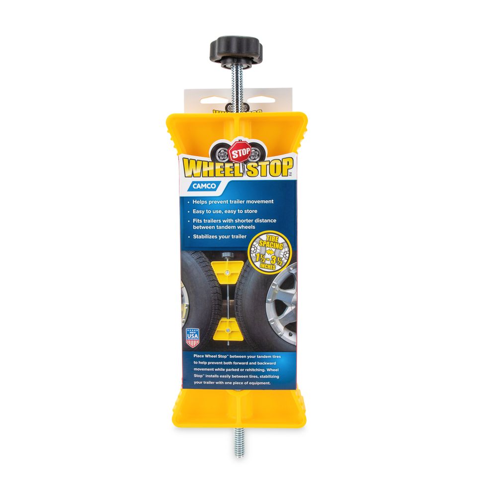 44652 - Small RV Wheel Stop for Tandem Tires (26"–30"), Trailer Stabilizer with Rubber Handle, Fits 1 1/2"–3 1/2" Tire Spacing, Lightweight, Durable Polymer, Stops Trailer Shifting