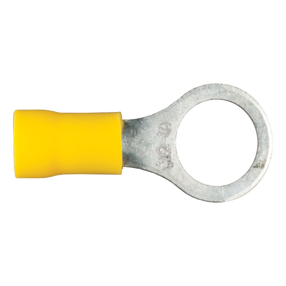 59538 - 12-10 Gauge Yellow Vinyl-Insulated Ring Terminal Wire Connectors, 3/8-Inch Stud, 100-Pack